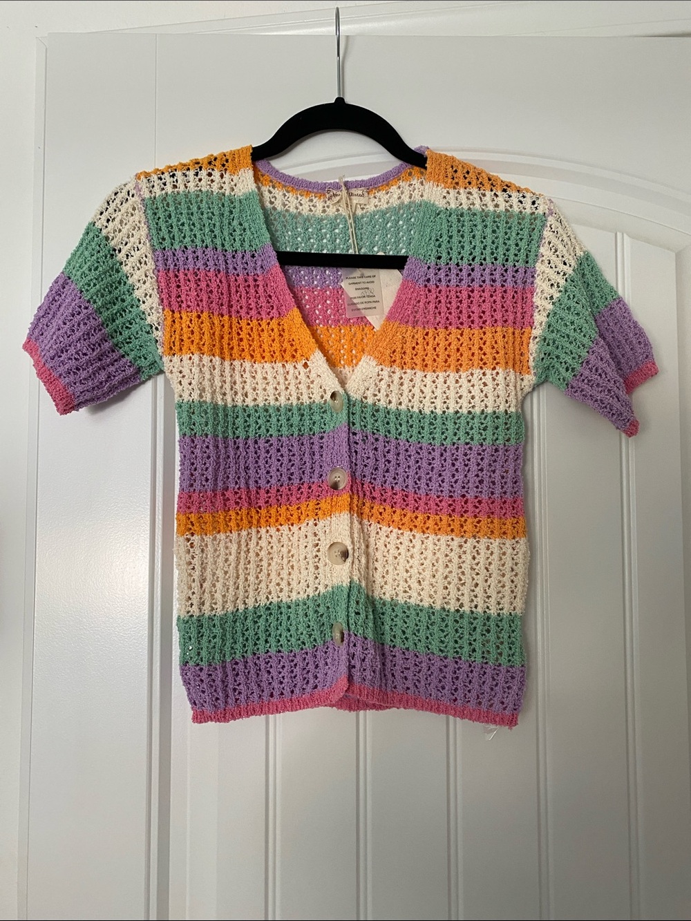 Hem & Thread Striped Crochet Knit Short-Sleeve Cardigan - Pastel Multi